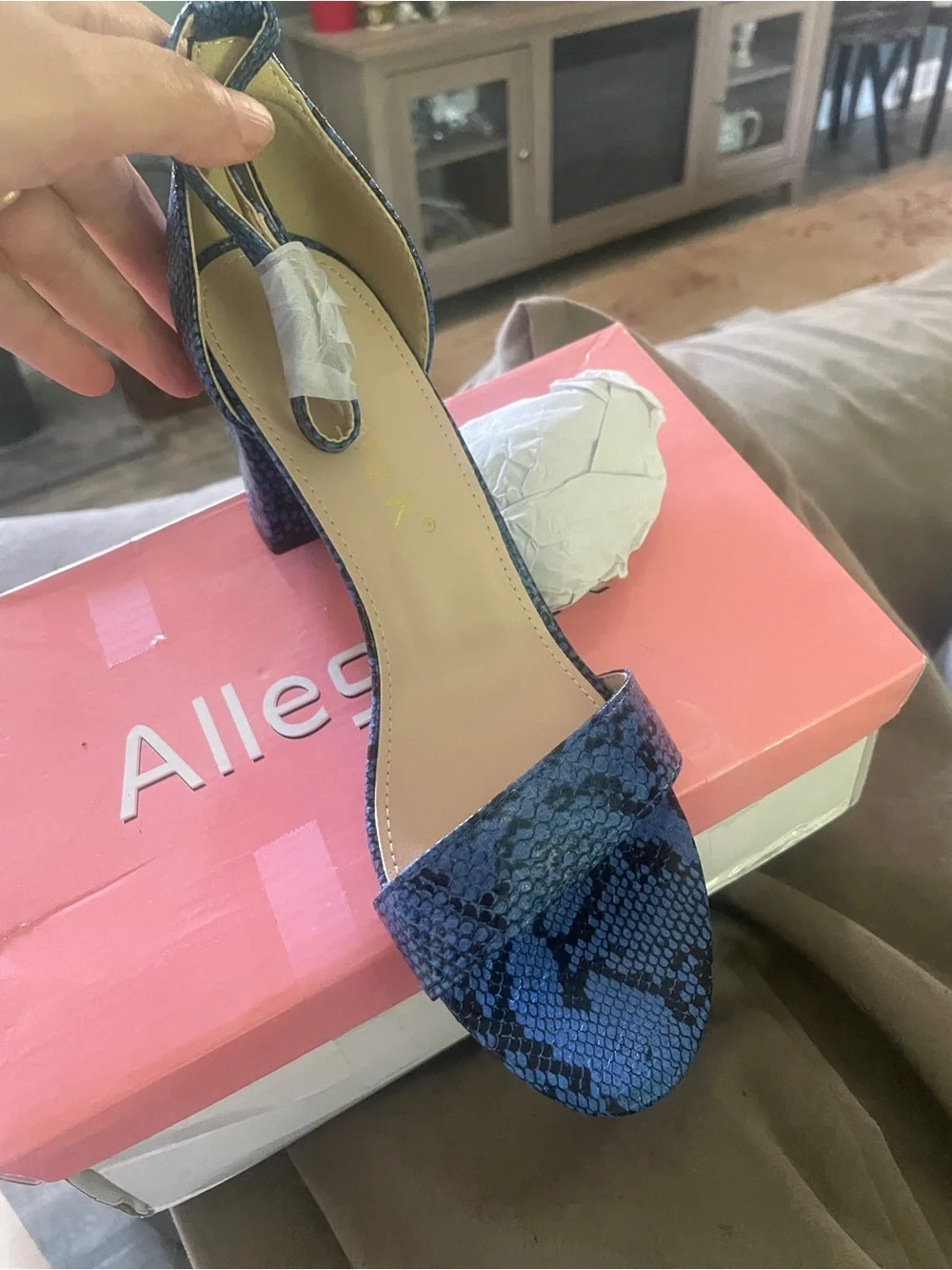 Allegra K Blue Snake-Print Ankle-Strap Block Heel Sandal